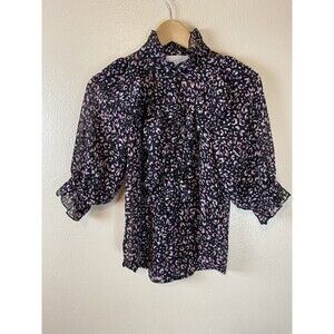 The shirt Rochelle Behrens S Leopard Puff Sleeve Ruffle Blouse Shirt Top Button